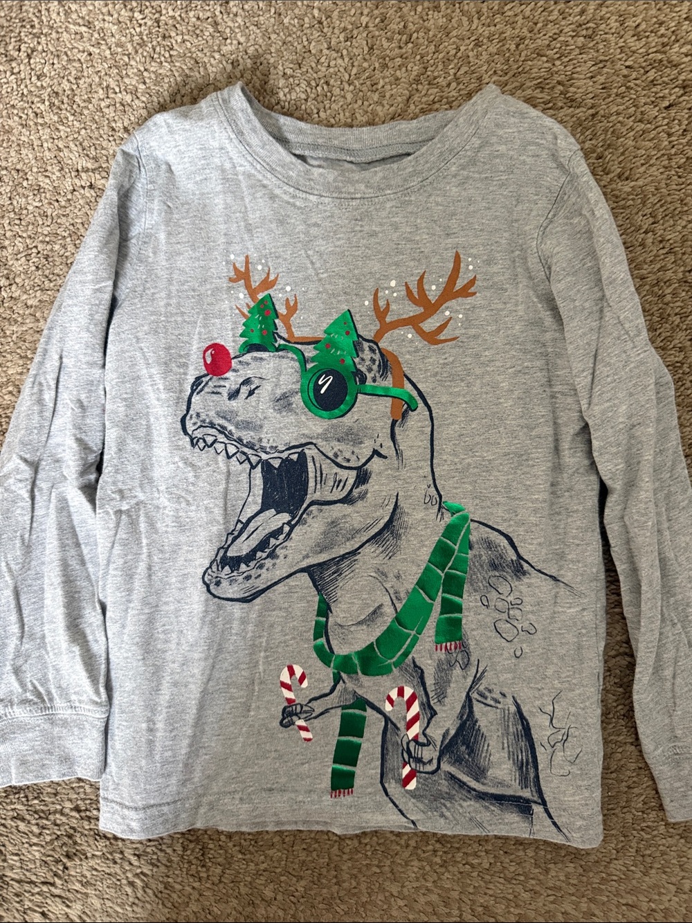 Carter's Grey Long-Sleeve Dino Tee with Green & Red Holiday Accents size 6